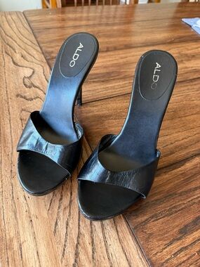 ALDO Black Leather Open-Toe Mule Heels